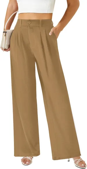 keriffe Womens Wide Leg Work Pants Waffle Knit High Waisted Button Down Casual Dress Palazzo Trousers Pockets