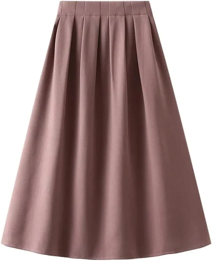 Korean Style High Waist Pleated Skirts Solid Office A-Line Midi Skirt Loose Slim-Looking Skirt