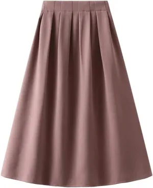 Korean Style High Waist Pleated Skirts Solid Office A-Line Midi Skirt Loose Slim-Looking Skirt