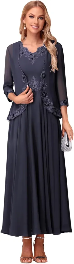 Lace Applique V Neck 2 Piece Mother of The Bride Dresses 3/4 Sleeve Chiffon Evening Formal Dress with Jacket PU178