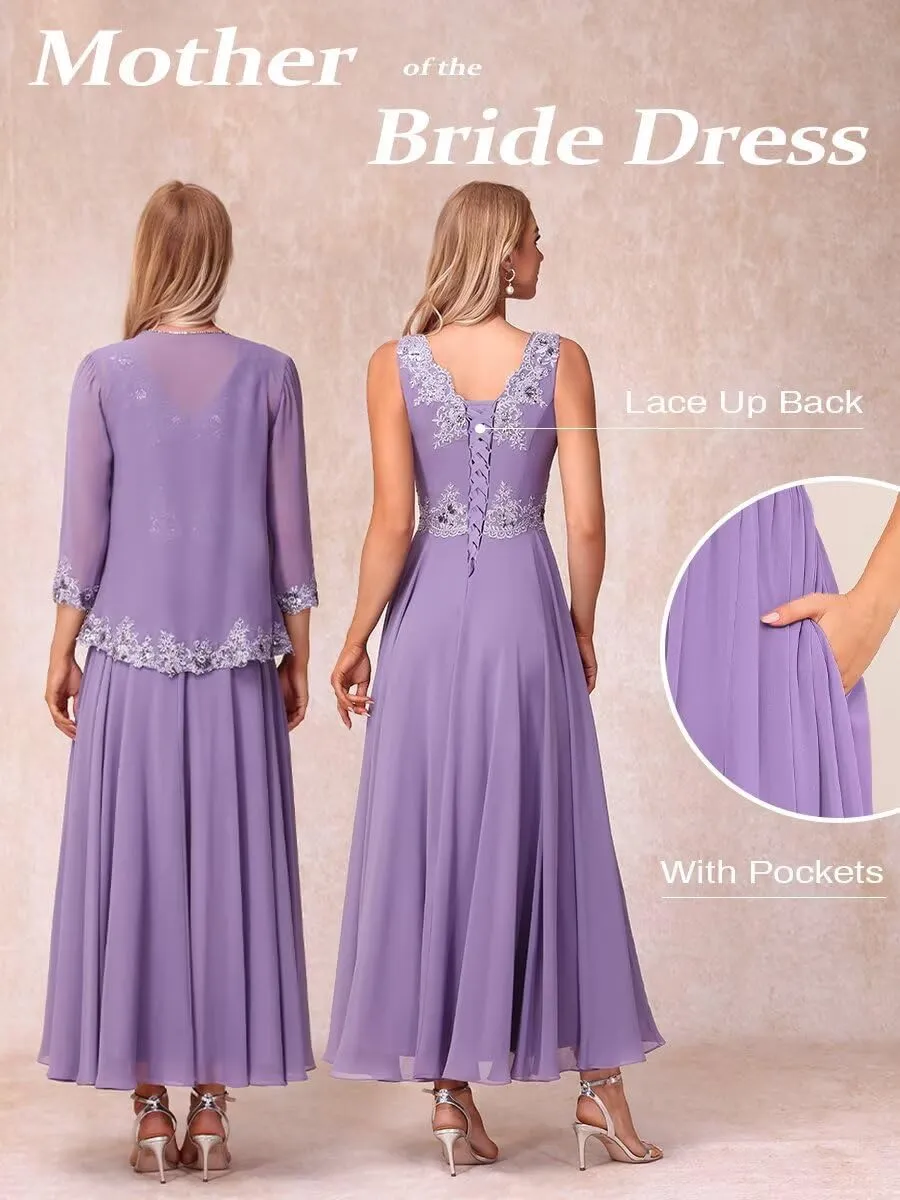 Lace Applique V Neck 2 Piece Mother of The Bride Dresses 3/4 Sleeve Chiffon Evening Formal Dress with Jacket PU178