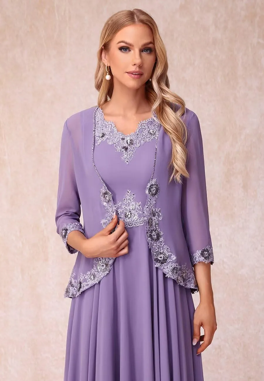 Lace Applique V Neck 2 Piece Mother of The Bride Dresses 3/4 Sleeve Chiffon Evening Formal Dress with Jacket PU178