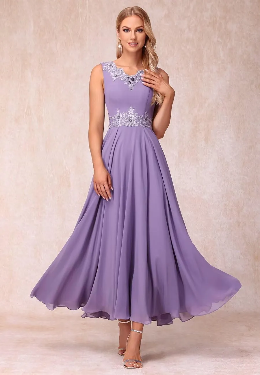 Lace Applique V Neck 2 Piece Mother of The Bride Dresses 3/4 Sleeve Chiffon Evening Formal Dress with Jacket PU178