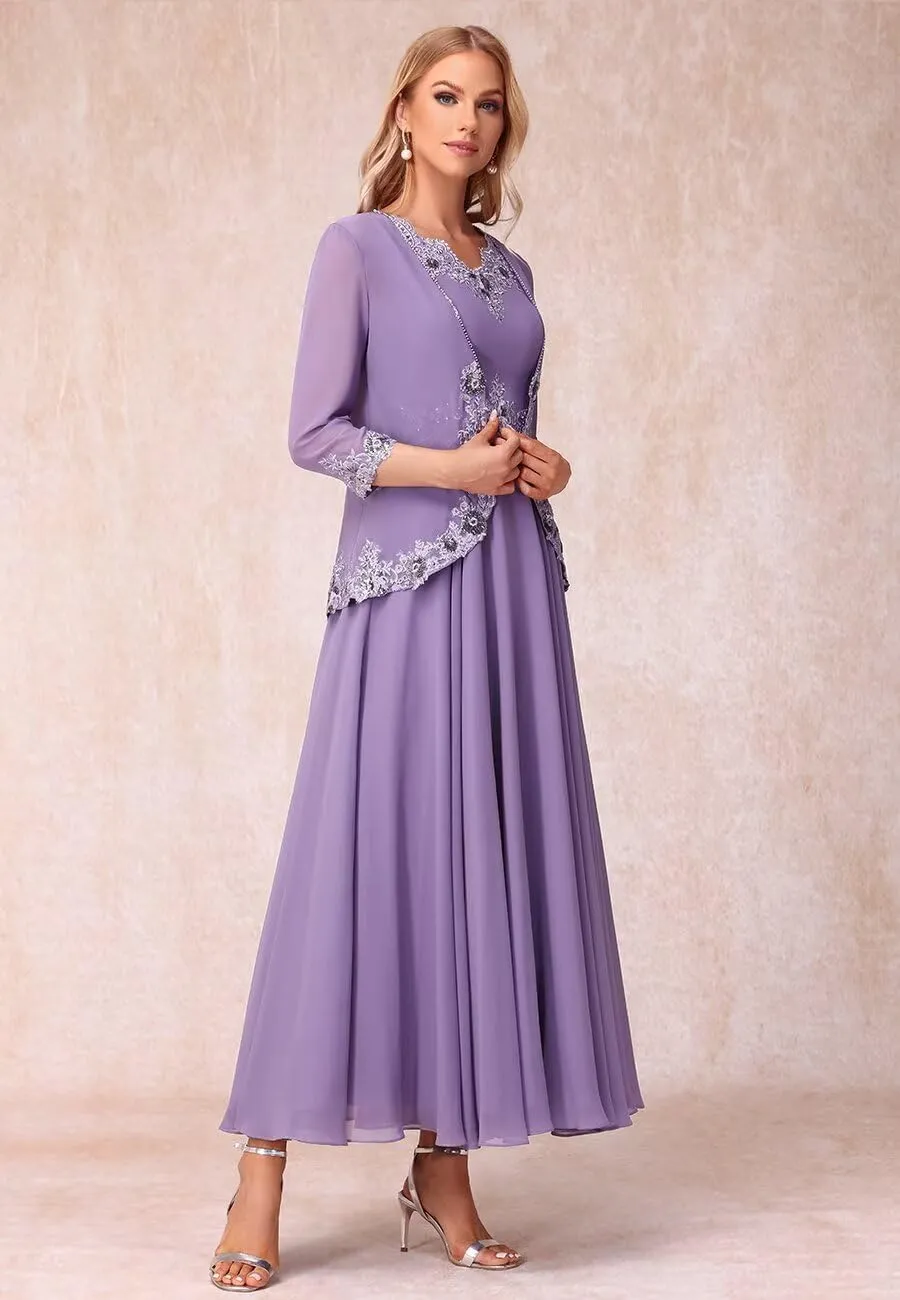 Lace Applique V Neck 2 Piece Mother of The Bride Dresses 3/4 Sleeve Chiffon Evening Formal Dress with Jacket PU178