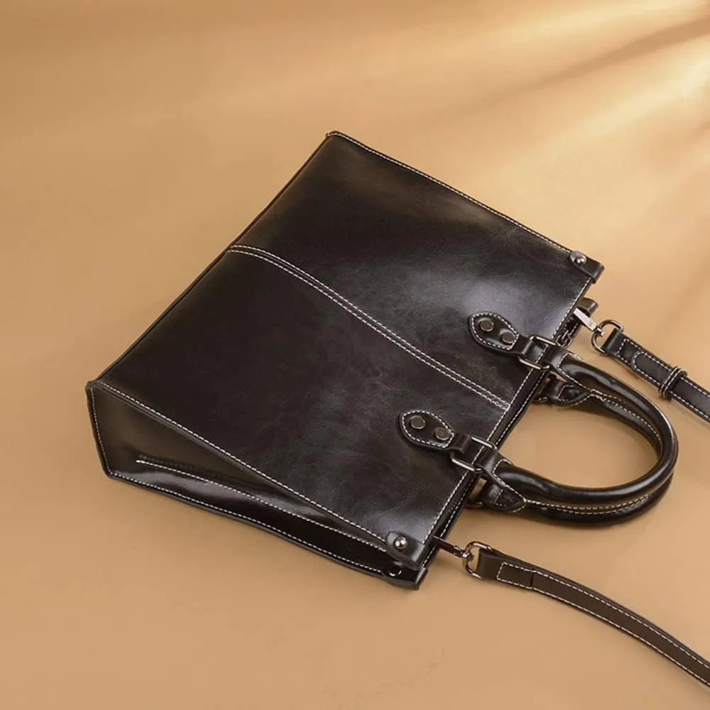 Large Genuine Leather Satchel Handbag for Women - Fashionable Shiny Tote & Crossbody Purse