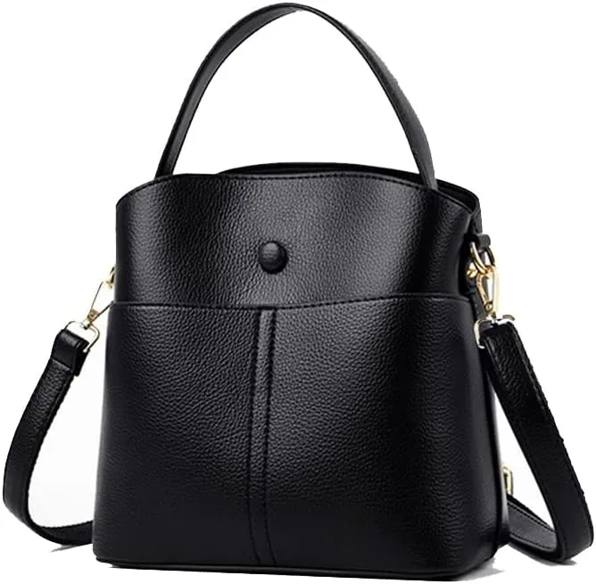 Large Leather Satchel Crossbody Bag for Women - Fashionable Black Bucket Purse and Handbag