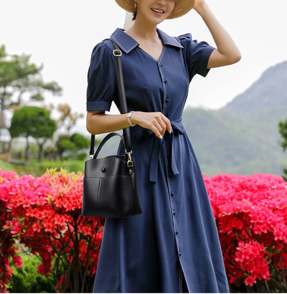 Large Leather Satchel Crossbody Bag for Women - Fashionable Black Bucket Purse and Handbag