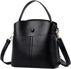 Large Leather Satchel Crossbody Bag for Women - Fashionable Black Bucket Purse and Handbag