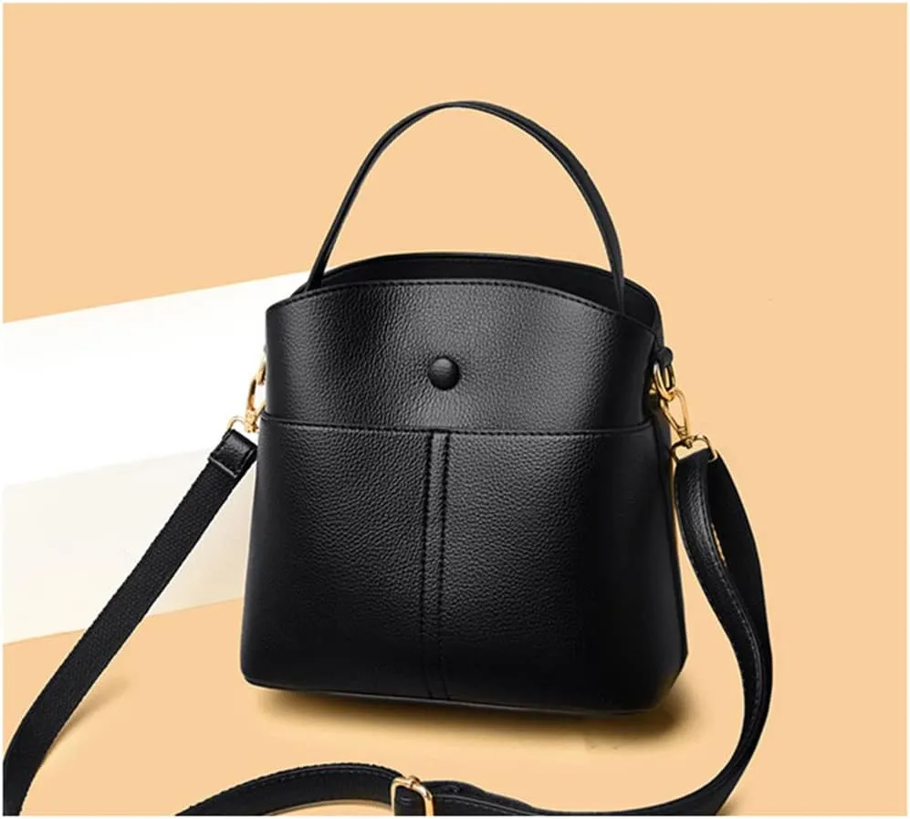 Large Leather Satchel Crossbody Bag for Women - Fashionable Black Bucket Purse and Handbag