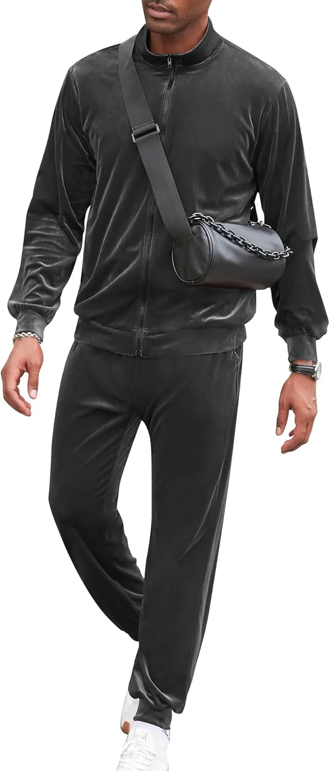 LecGee Mens 2 Piece Outfits Full Zip Velvet Long Sleeve Tracksuit Velour Casual Jogging Zipper Sweatsuit Set