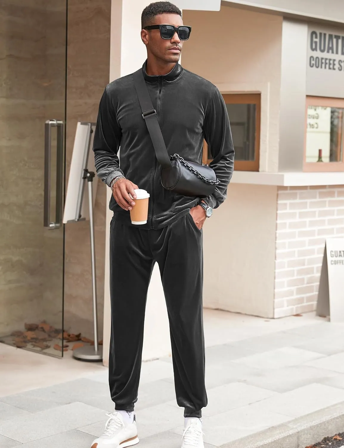 LecGee Mens 2 Piece Outfits Full Zip Velvet Long Sleeve Tracksuit Velour Casual Jogging Zipper Sweatsuit Set