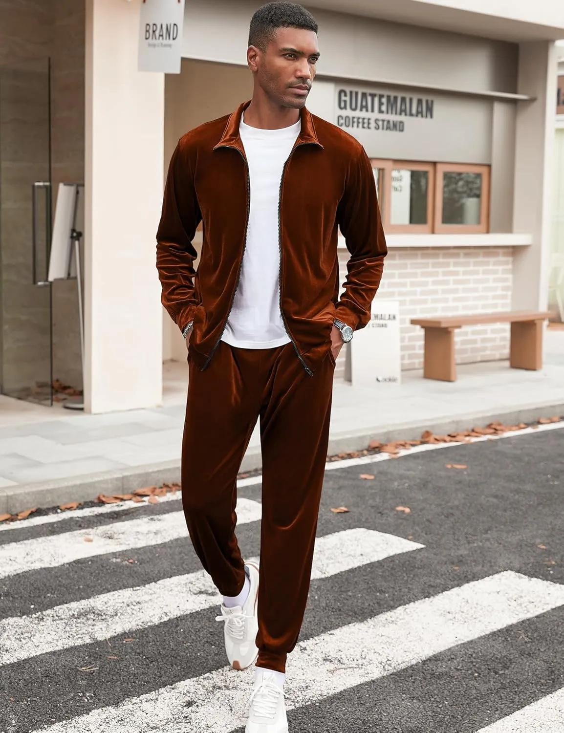 LecGee Mens 2 Piece Outfits Full Zip Velvet Long Sleeve Tracksuit Velour Casual Jogging Zipper Sweatsuit Set
