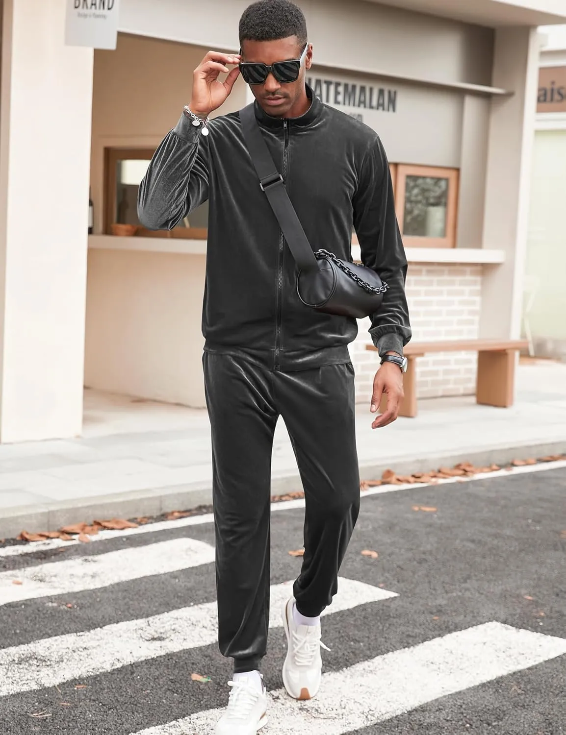 LecGee Mens 2 Piece Outfits Full Zip Velvet Long Sleeve Tracksuit Velour Casual Jogging Zipper Sweatsuit Set