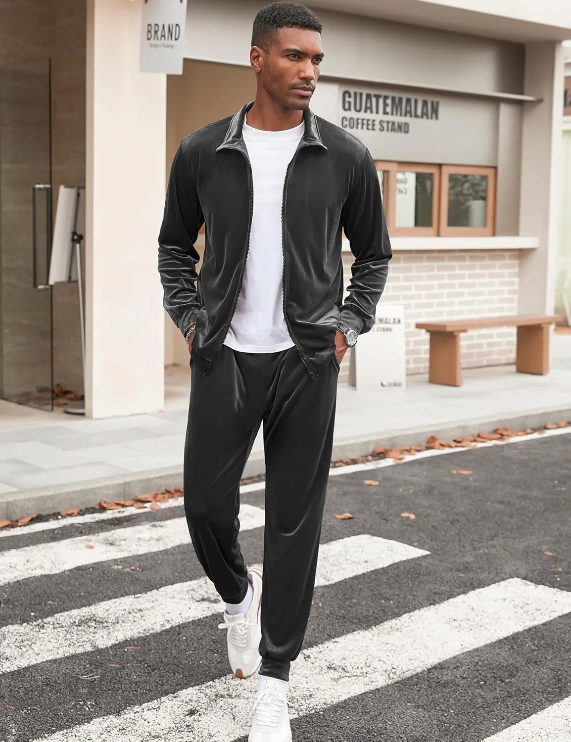 LecGee Mens 2 Piece Outfits Full Zip Velvet Long Sleeve Tracksuit Velour Casual Jogging Zipper Sweatsuit Set