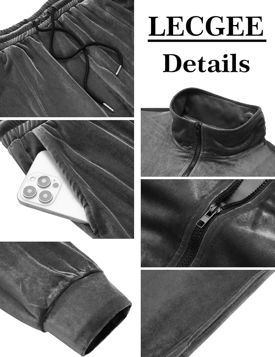 LecGee Mens 2 Piece Outfits Full Zip Velvet Long Sleeve Tracksuit Velour Casual Jogging Zipper Sweatsuit Set