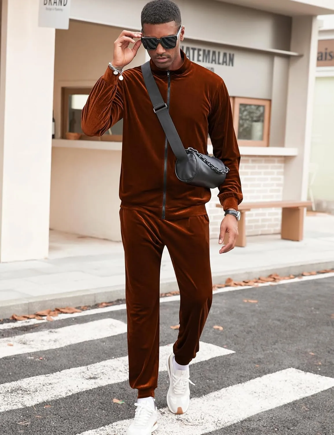 LecGee Mens 2 Piece Outfits Full Zip Velvet Long Sleeve Tracksuit Velour Casual Jogging Zipper Sweatsuit Set