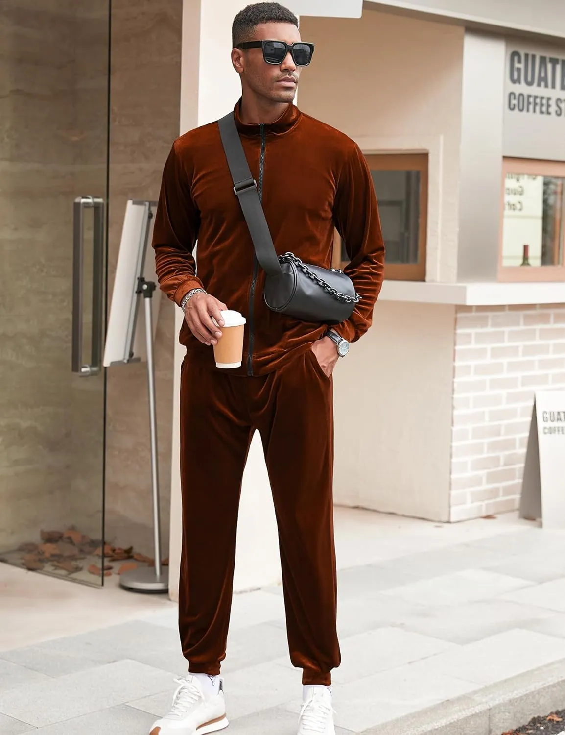 LecGee Mens 2 Piece Outfits Full Zip Velvet Long Sleeve Tracksuit Velour Casual Jogging Zipper Sweatsuit Set