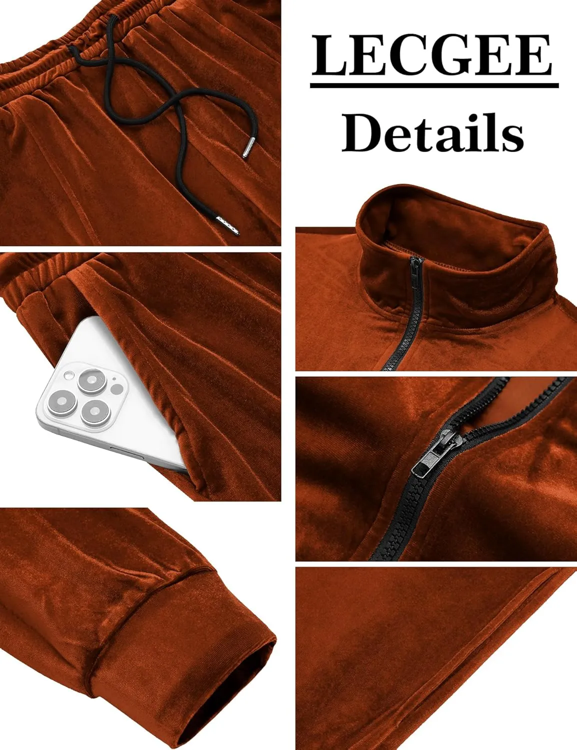 LecGee Mens 2 Piece Outfits Full Zip Velvet Long Sleeve Tracksuit Velour Casual Jogging Zipper Sweatsuit Set
