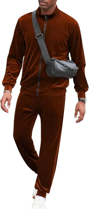 LecGee Mens 2 Piece Outfits Full Zip Velvet Long Sleeve Tracksuit Velour Casual Jogging Zipper Sweatsuit Set