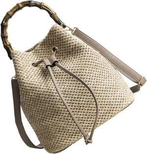 Lightweight Straw Bucket Bag Women's Crossbody Tote Fashionable Drawstring Shoulder Handbag