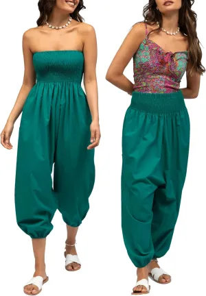 likemary Harem Jumpsuit for Women - Harem Pants Romper Pulls Down into Cotton Boho Hippie Pants with Pockets - 2-in-1 Outfit (One Size Long, Emerald Green)
