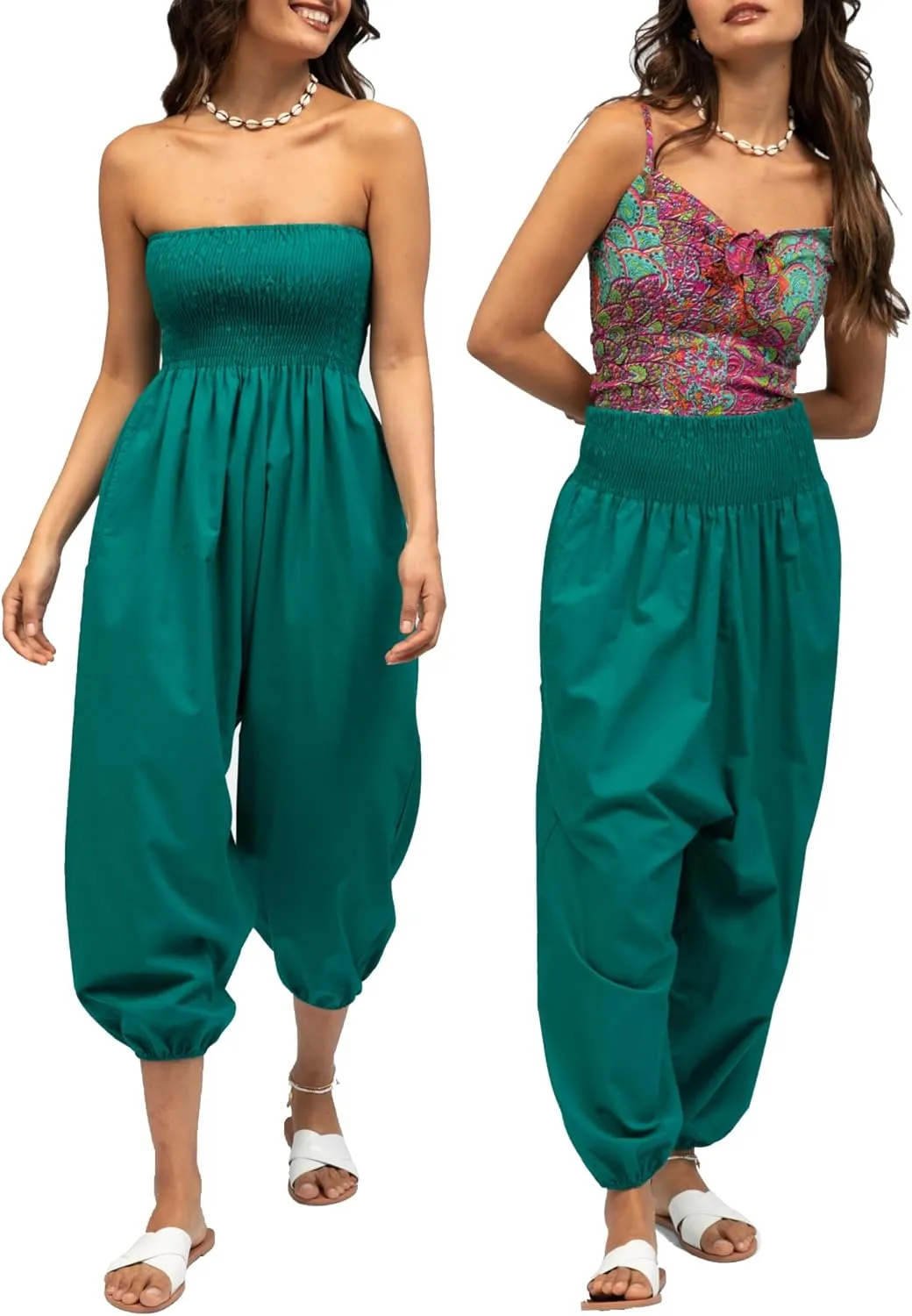 likemary Harem Jumpsuit for Women - Harem Pants Romper Pulls Down into Cotton Boho Hippie Pants with Pockets - 2-in-1 Outfit (One Size Long, Emerald Green)