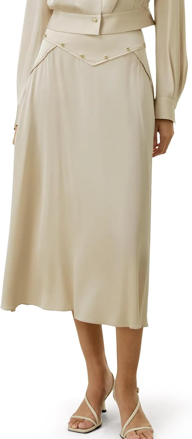 LilySilk 100% Silk Skirt for Women Long Midi Silk Bottom Flowy Pleated A Line with Metal Buttons Vintage Soft High Waist
