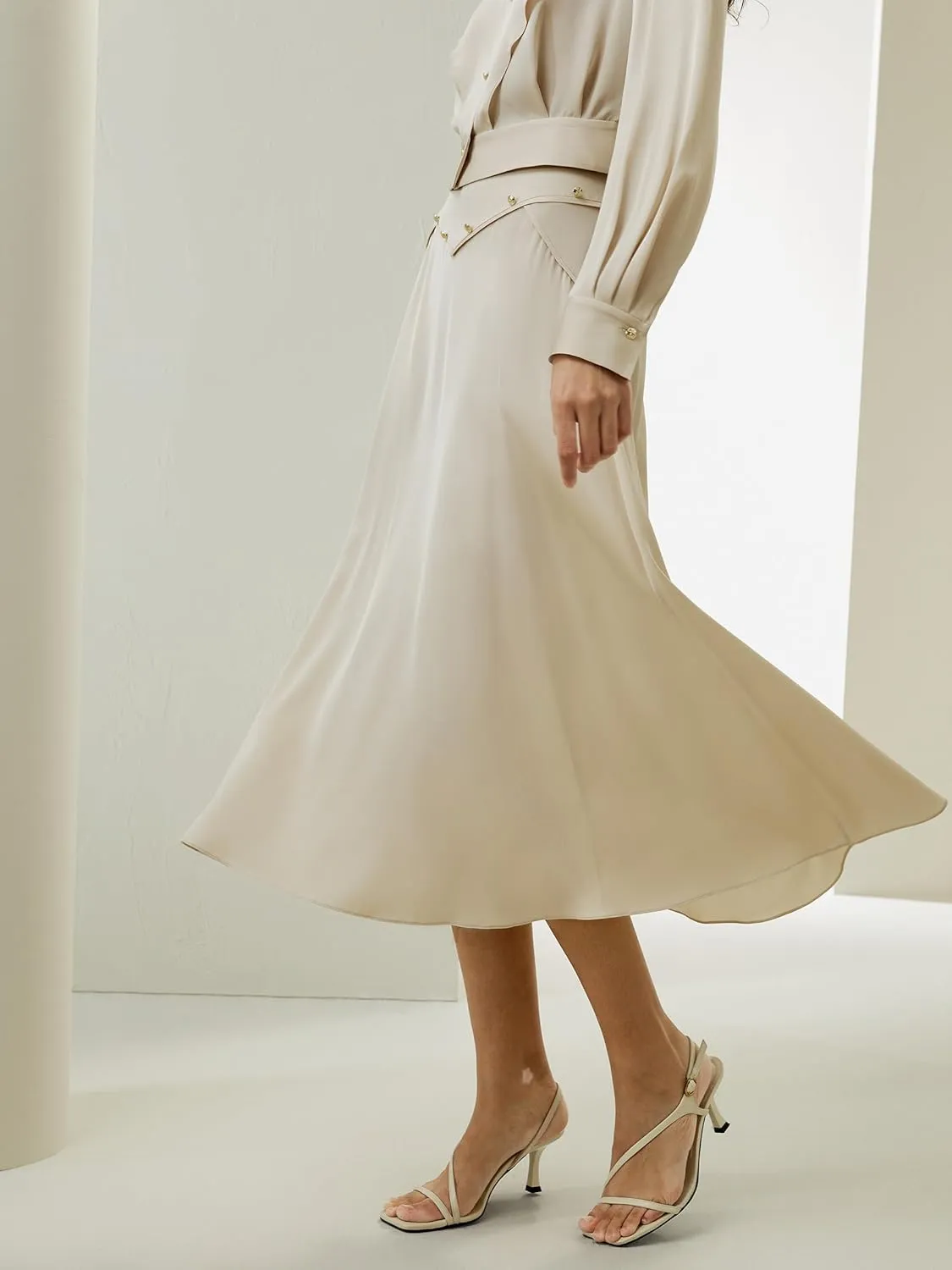 LilySilk 100% Silk Skirt for Women Long Midi Silk Bottom Flowy Pleated A Line with Metal Buttons Vintage Soft High Waist