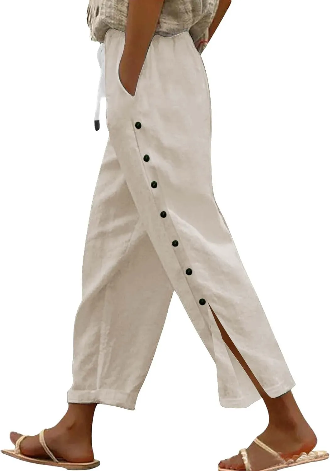 Linen Pants for Women Summer Elastic Waist Lightweight Pants Vacation Beach Side-Buttoned Closure Casual Trousers