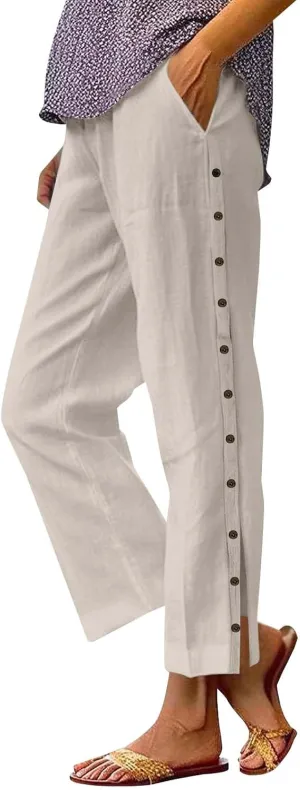 Linen Pants for Women Summer Elastic Waist Lightweight Pants Vacation Beach Side-Buttoned Closure Casual Trousers
