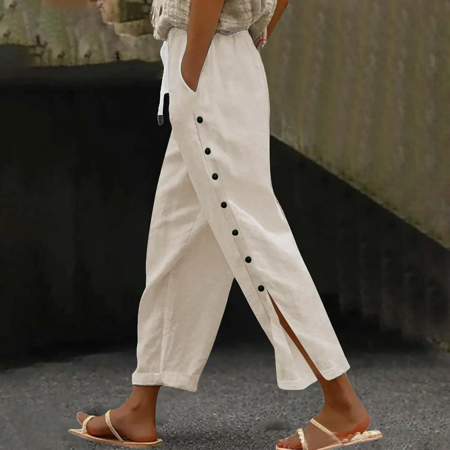 Linen Pants for Women Summer Elastic Waist Lightweight Pants Vacation Beach Side-Buttoned Closure Casual Trousers