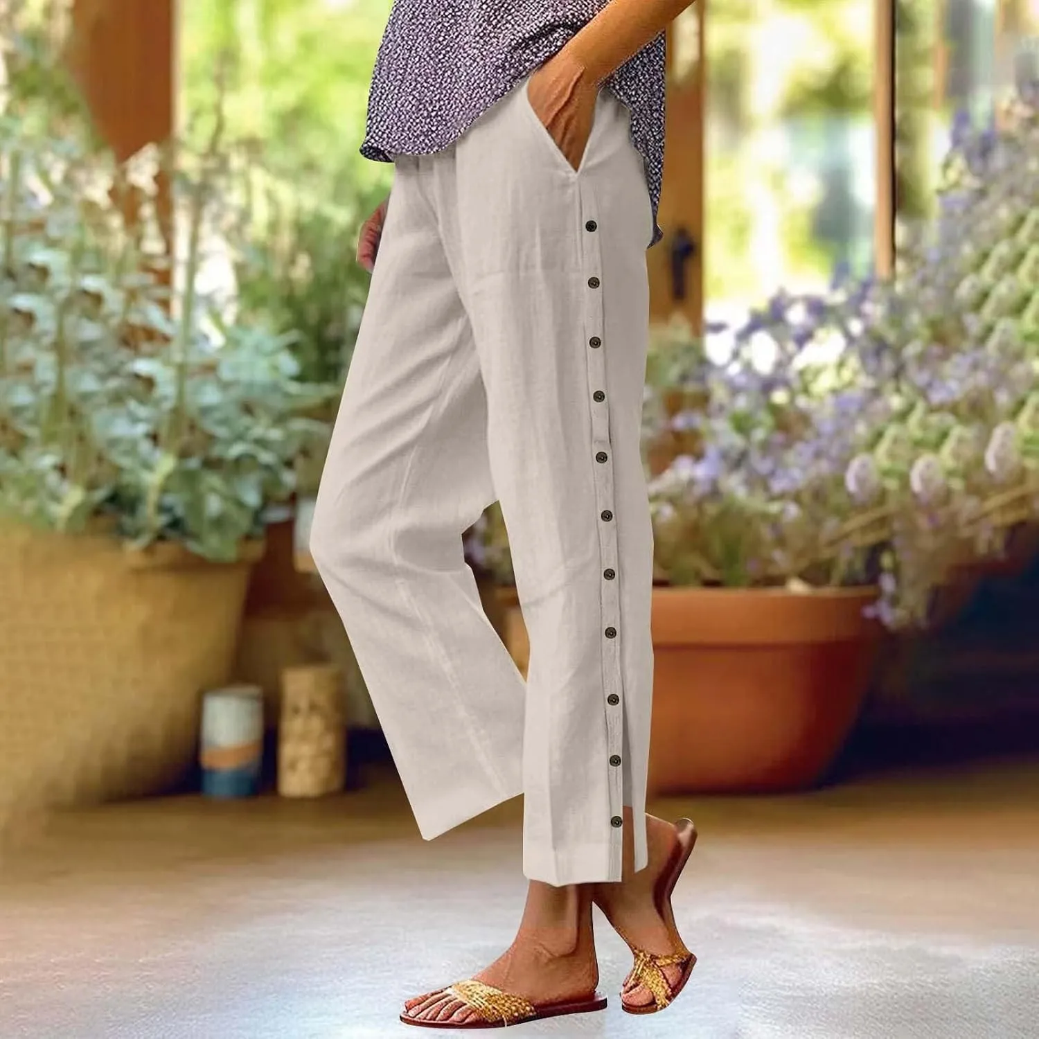 Linen Pants for Women Summer Elastic Waist Lightweight Pants Vacation Beach Side-Buttoned Closure Casual Trousers