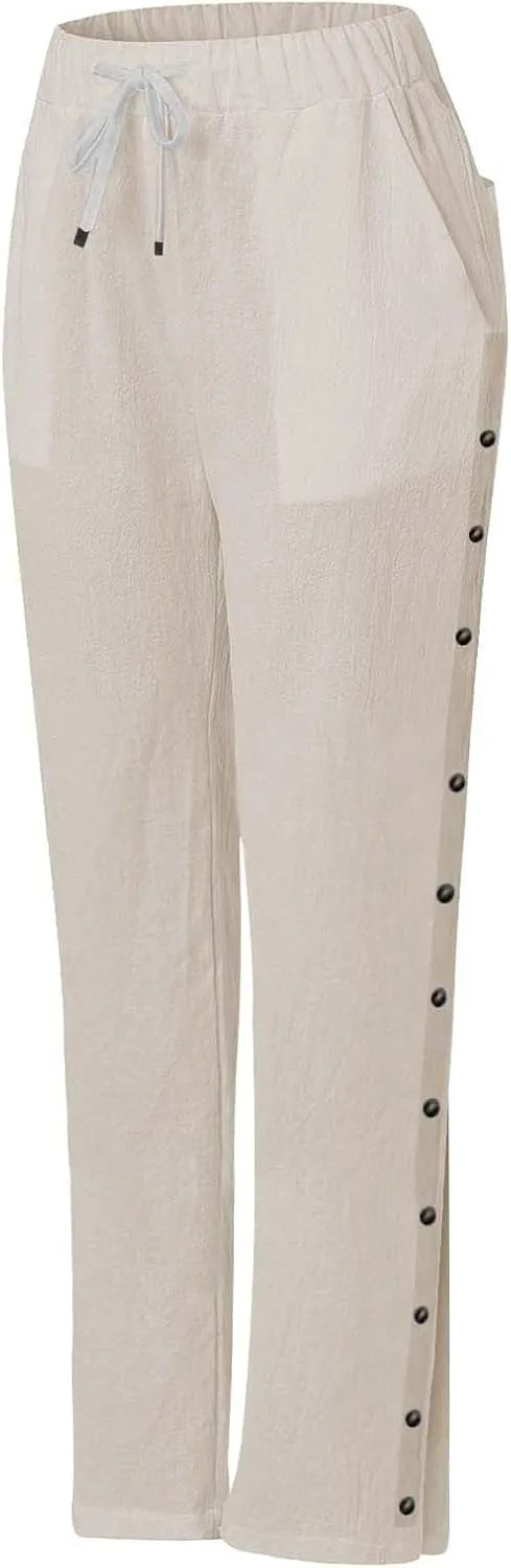 Linen Pants for Women Summer Elastic Waist Lightweight Pants Vacation Beach Side-Buttoned Closure Casual Trousers