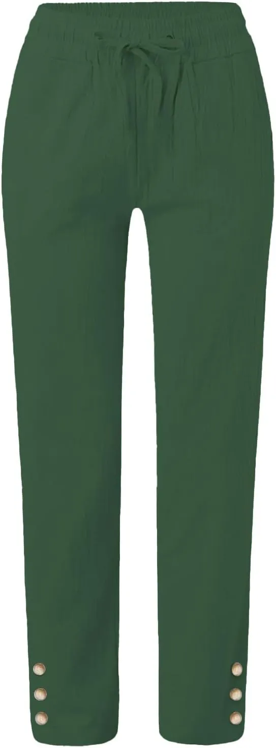 Linen Pants Women Elastic Waist Straight Leg Drawstring Light Weight Capri Pants Casual Summer Work Pants Trousers