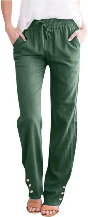 Linen Pants Women Elastic Waist Straight Leg Drawstring Light Weight Capri Pants Casual Summer Work Pants Trousers