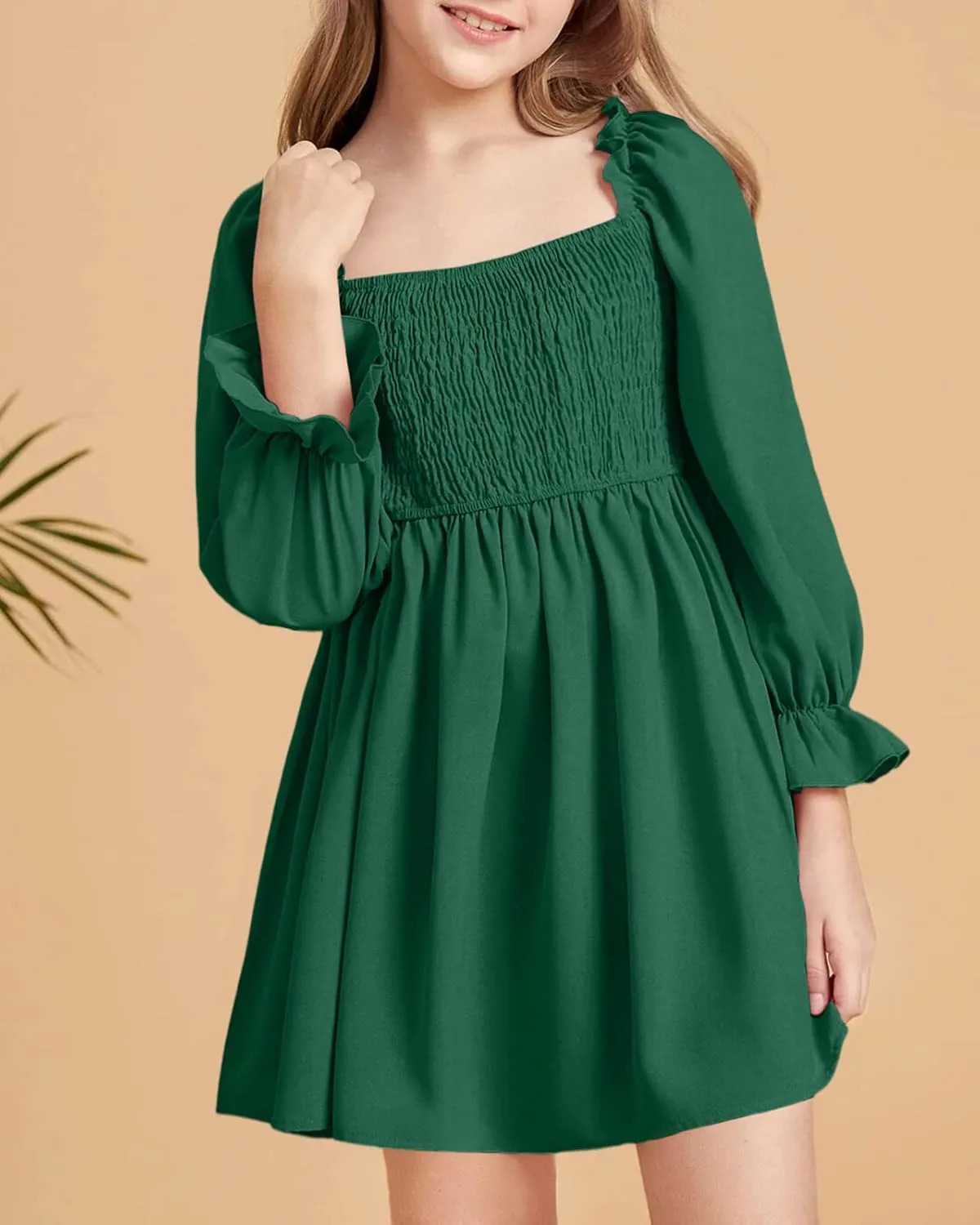 Little Girls Kids Summer Chiffon Ruffle Mini Dress Square Neck Lantern Sleeve Short Dress Tulle Smocked