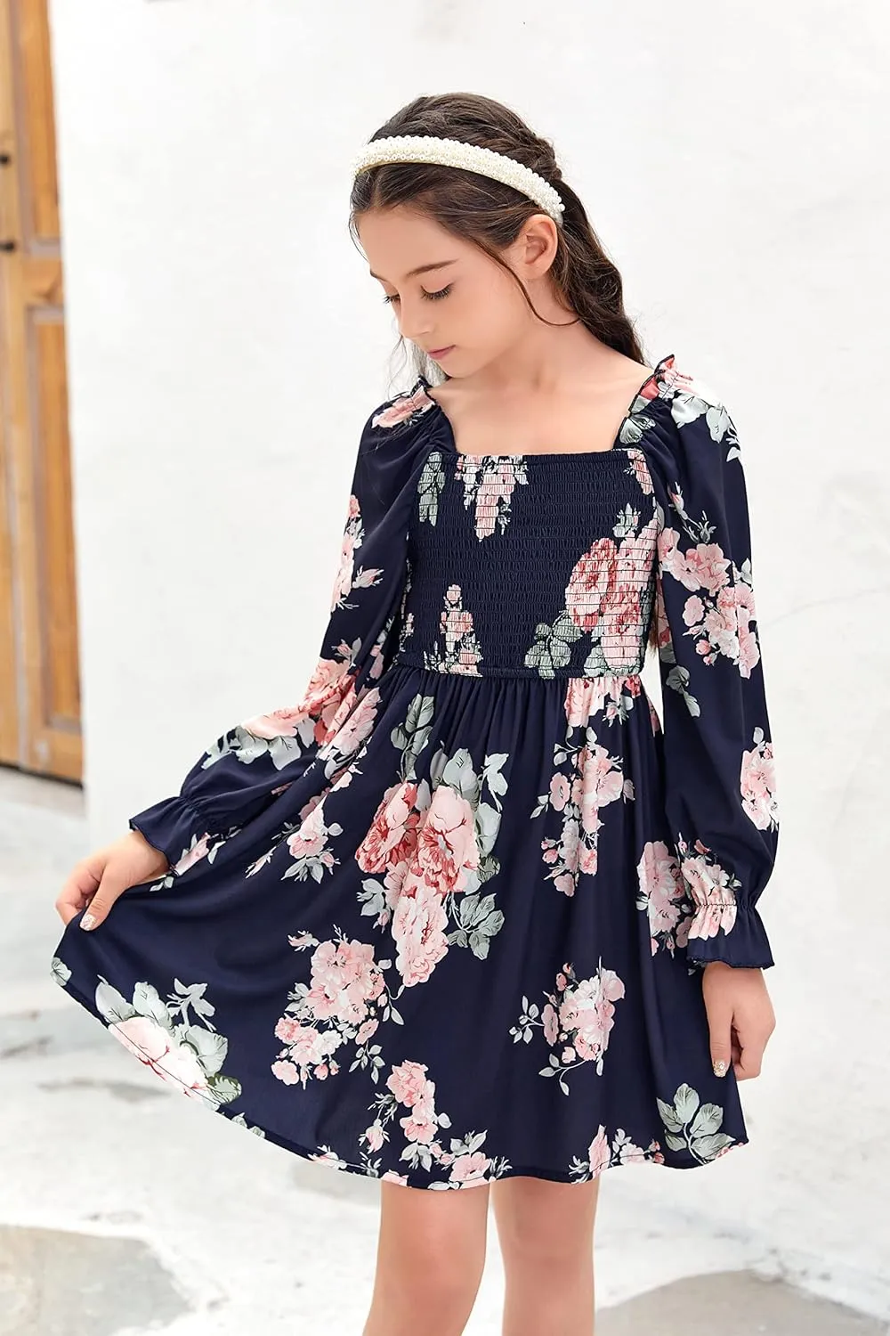 Little Girls Kids Summer Chiffon Ruffle Mini Dress Square Neck Lantern Sleeve Short Dress Tulle Smocked