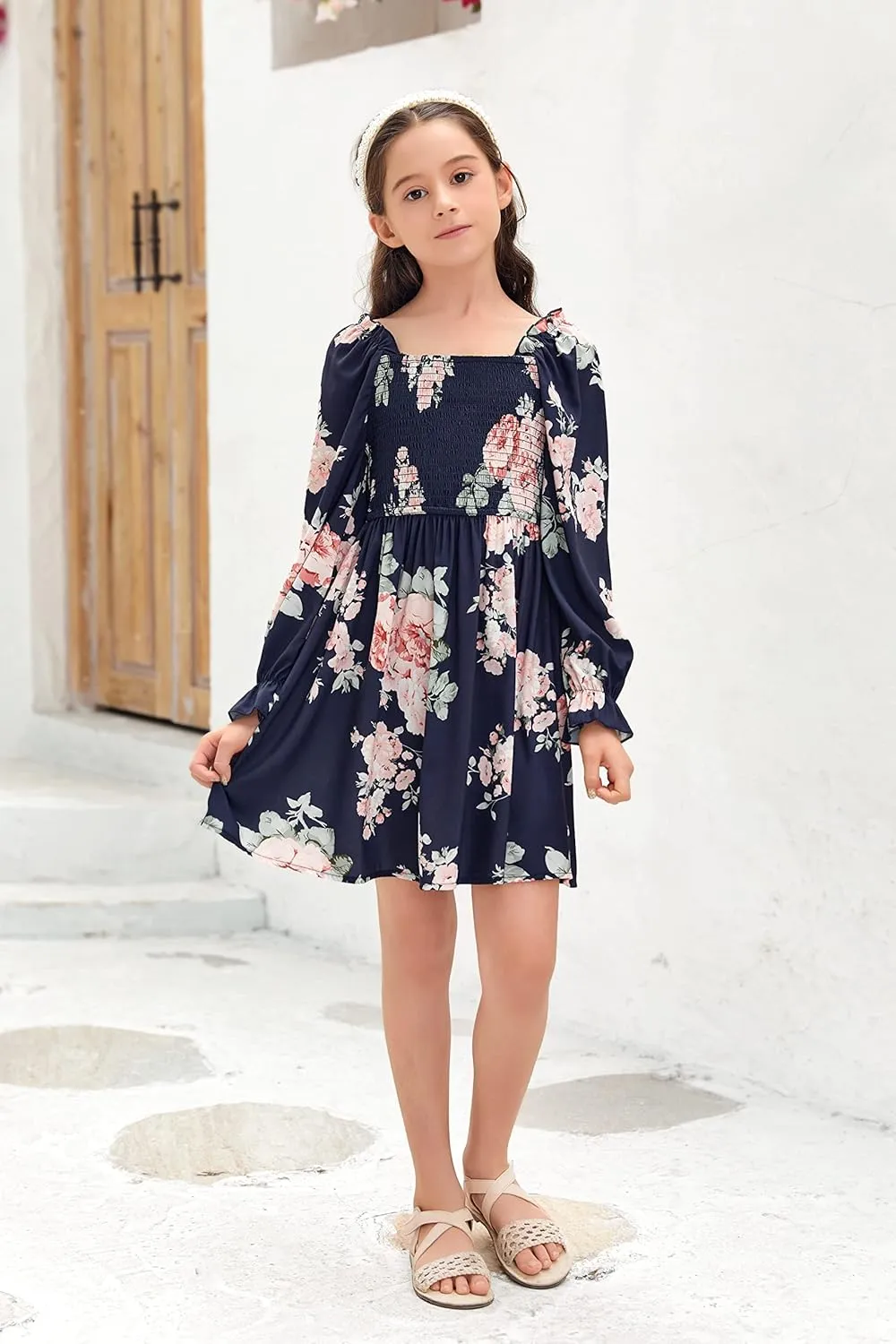 Little Girls Kids Summer Chiffon Ruffle Mini Dress Square Neck Lantern Sleeve Short Dress Tulle Smocked