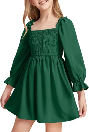 Little Girls Kids Summer Chiffon Ruffle Mini Dress Square Neck Lantern Sleeve Short Dress Tulle Smocked