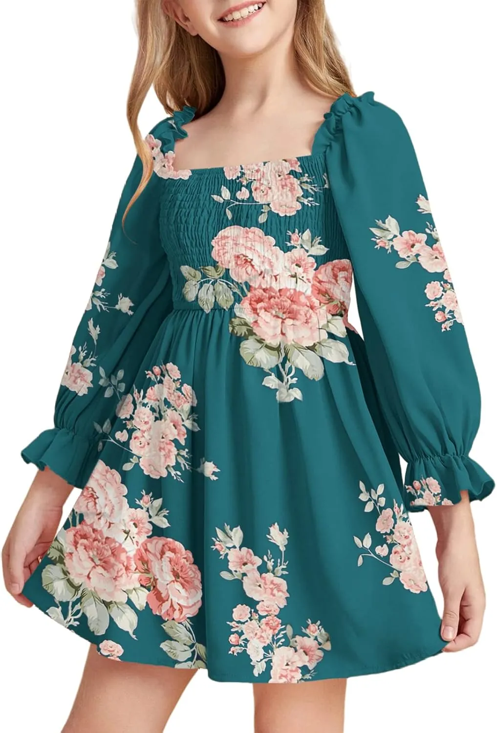 Little Girls Kids Summer Chiffon Ruffle Mini Dress Square Neck Lantern Sleeve Short Dress Tulle Smocked