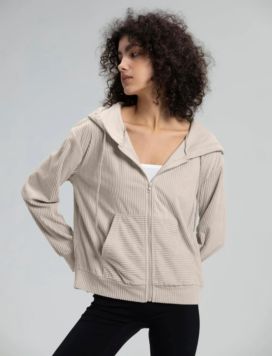 Locachy Women's Corduroy Hoodies Sweatshirt Fashion Zip Up Oversized Shacket Jacket with Pockets