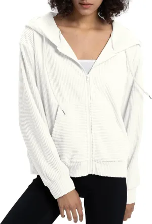 Locachy Women's Corduroy Hoodies Sweatshirt Fashion Zip Up Oversized Shacket Jacket with Pockets