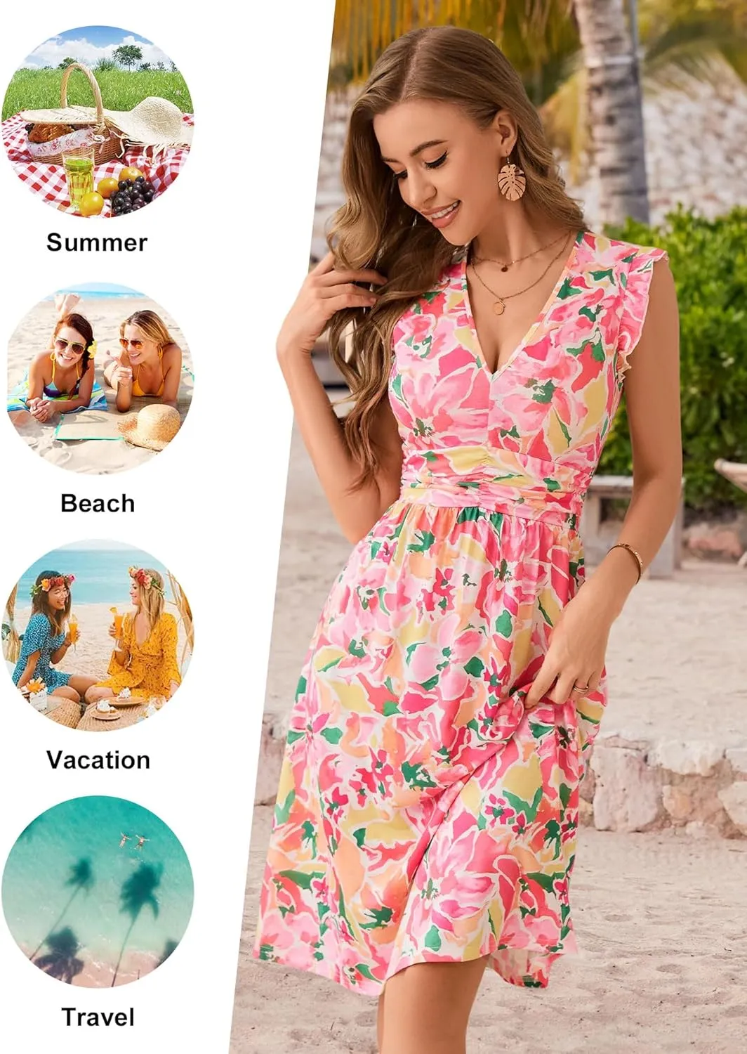 Loemes Womens Summer Floral V Neck Dresses with Pockets Beach Vacation Ruffle Sleeve Flowy Elastic Waist Midi Dress