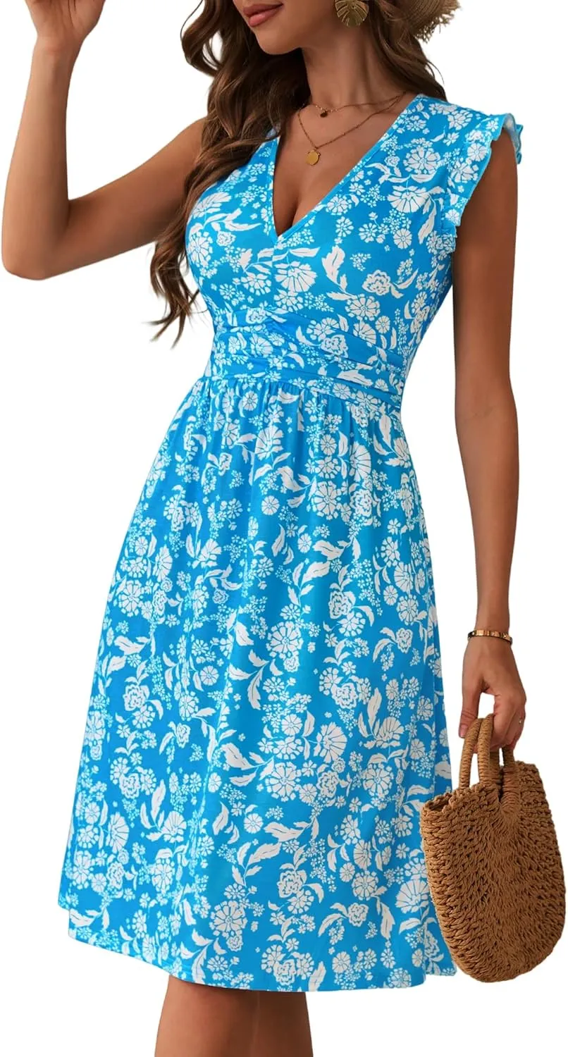 Loemes Womens Summer Floral V Neck Dresses with Pockets Beach Vacation Ruffle Sleeve Flowy Elastic Waist Midi Dress