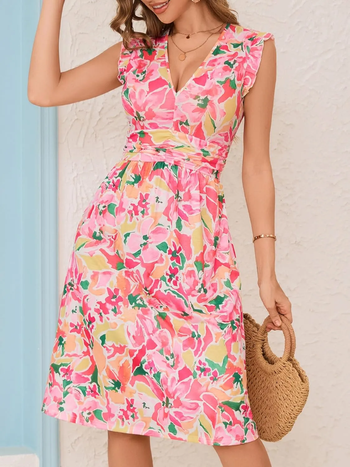Loemes Womens Summer Floral V Neck Dresses with Pockets Beach Vacation Ruffle Sleeve Flowy Elastic Waist Midi Dress