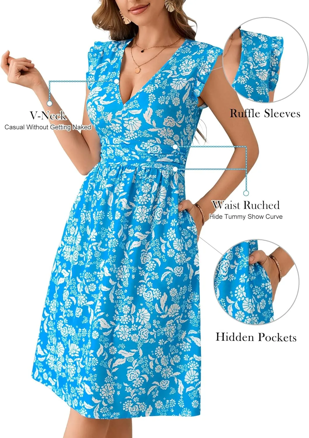 Loemes Womens Summer Floral V Neck Dresses with Pockets Beach Vacation Ruffle Sleeve Flowy Elastic Waist Midi Dress