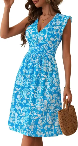 Loemes Womens Summer Floral V Neck Dresses with Pockets Beach Vacation Ruffle Sleeve Flowy Elastic Waist Midi Dress