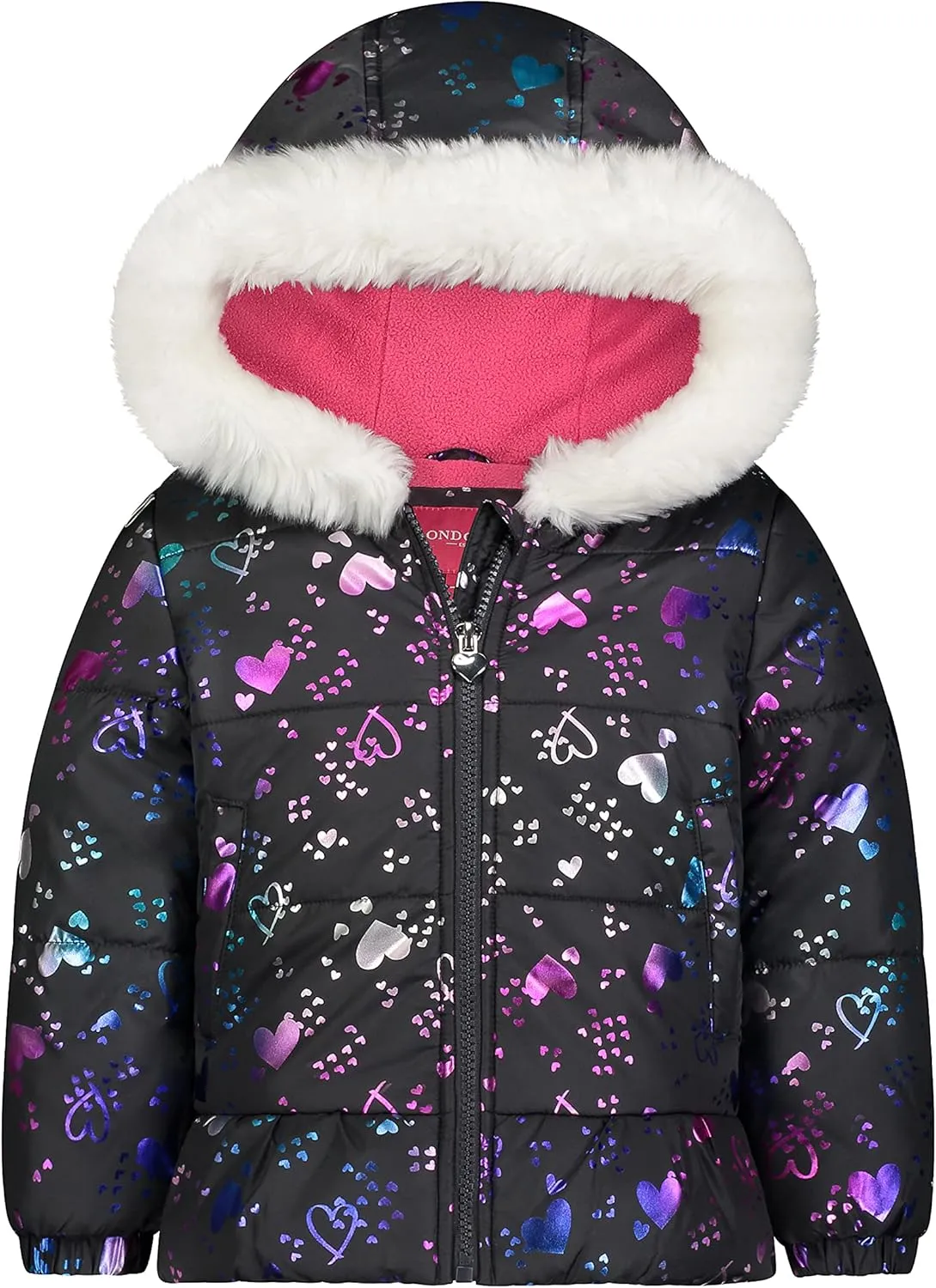 LONDON FOG Girls Toddler Quilted Puffer Winter Jacket With Fleece Hat