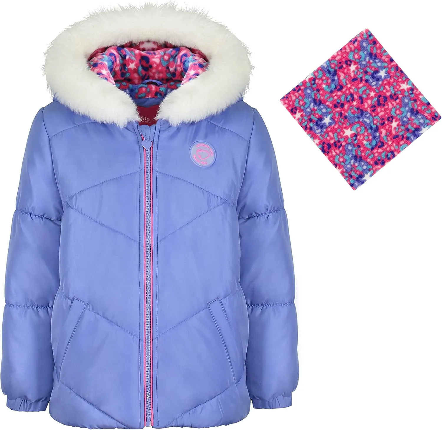 LONDON FOG Girls Toddler Quilted Puffer Winter Jacket With Fleece Hat