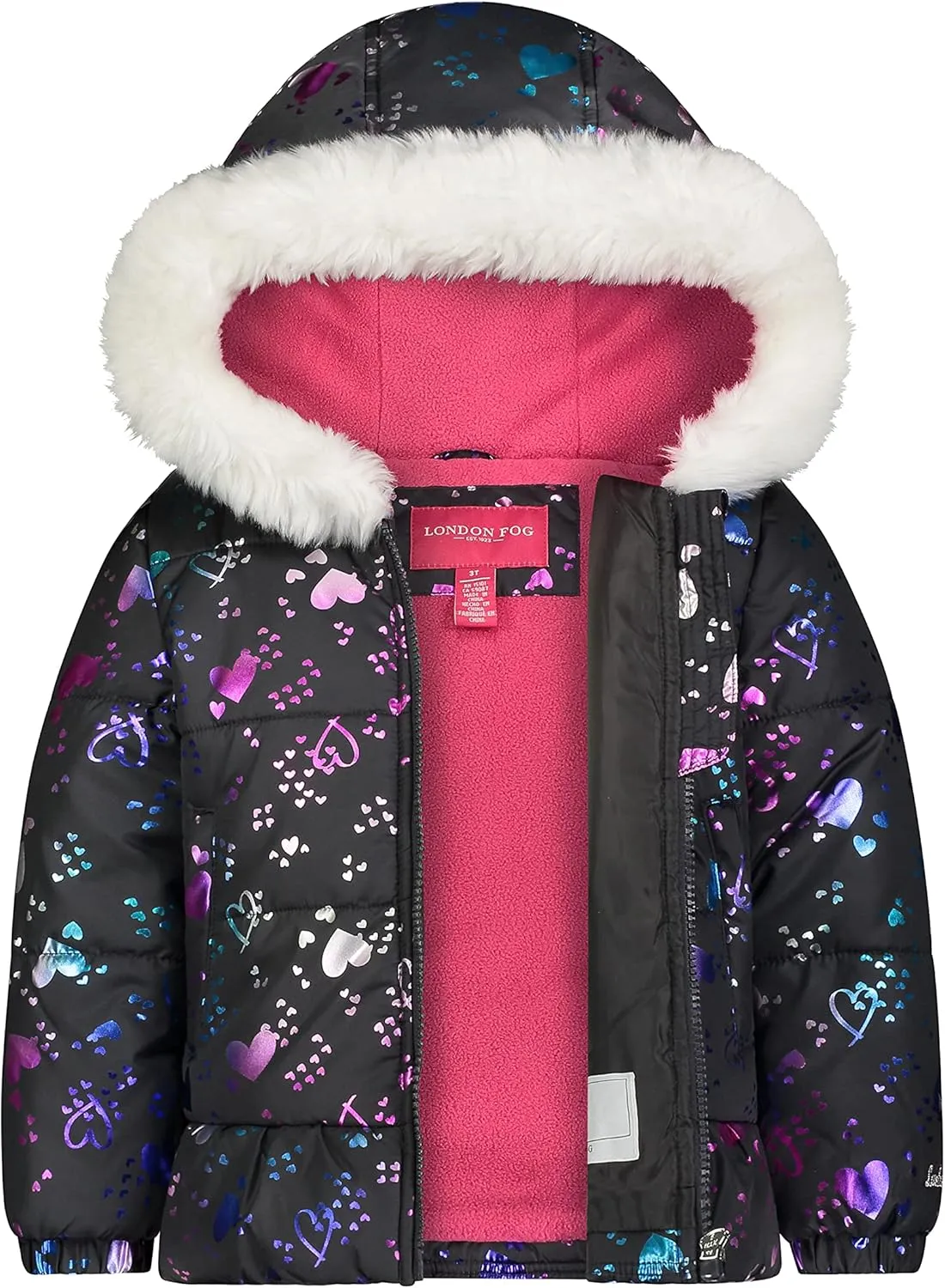 LONDON FOG Girls Toddler Quilted Puffer Winter Jacket With Fleece Hat